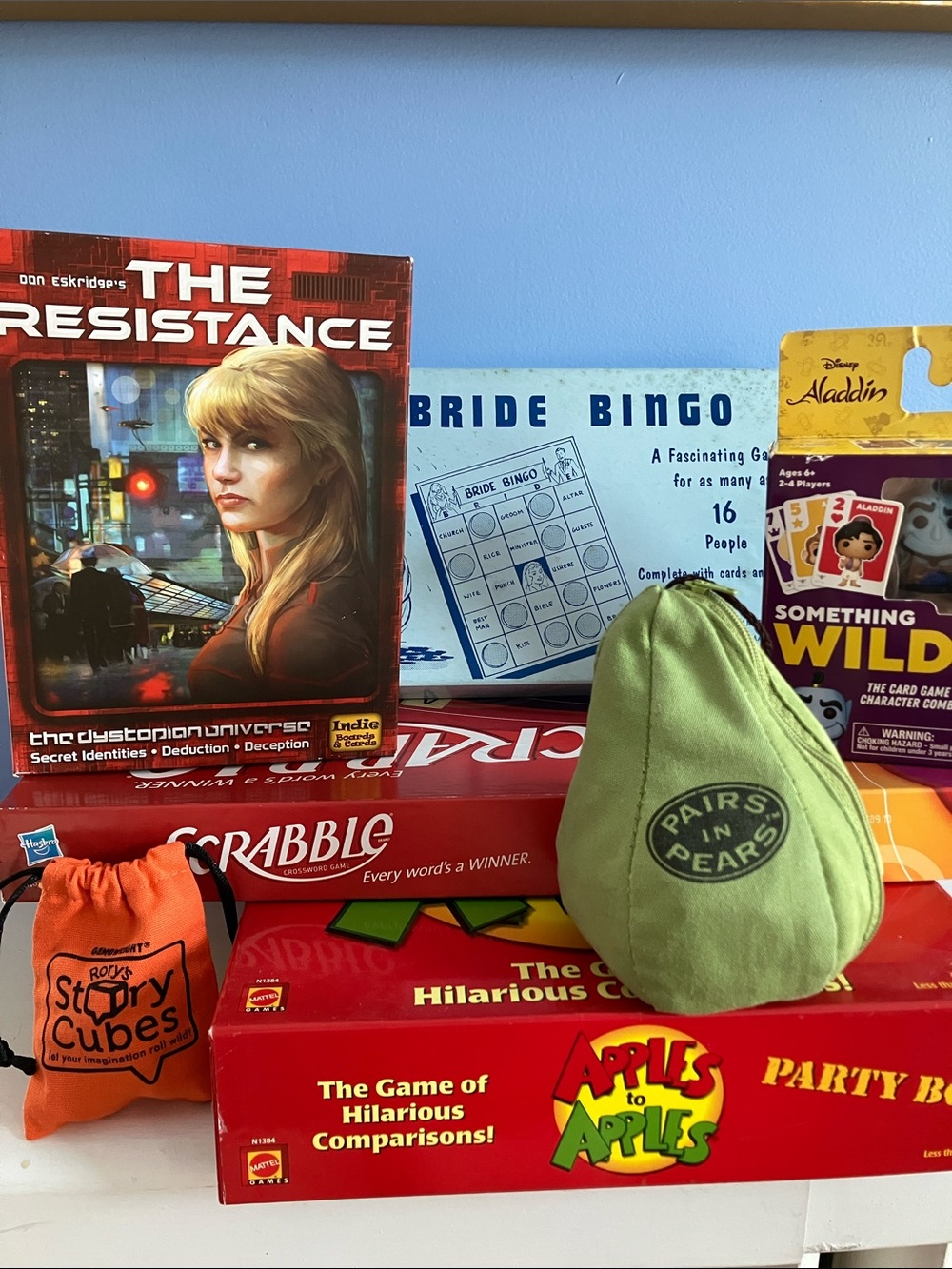 Board Game Bundle - Apples to Apples, Pairs in Pears, The Resistance, Scrabble